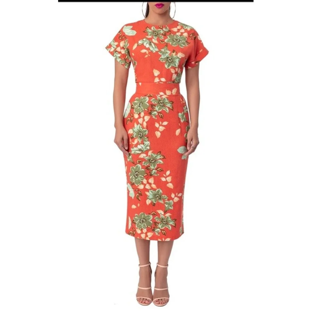 FKSP Coral Floral Midi Dress‎ Linen Blend SUNRISE SUNSET COLLECTION 
